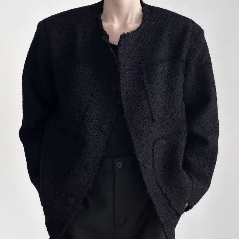 Damen Oversized Bouclé-Jacke ohne Kragen mit aufgesetzten Taschen und Raw‑Edge-Details Chichicherry