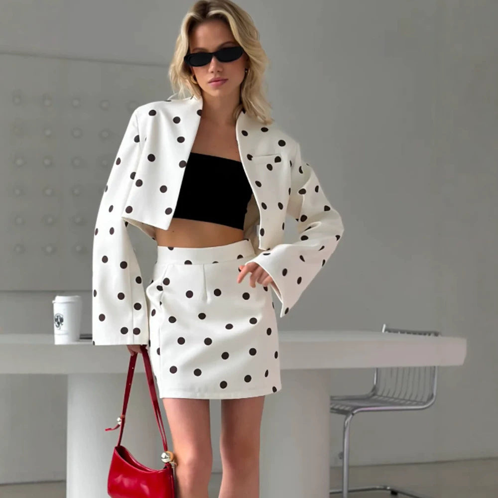 Women's Polka Dot Two-Piece Set with Cropped Blazer and High-Waist Mini Skirt Chichicherry