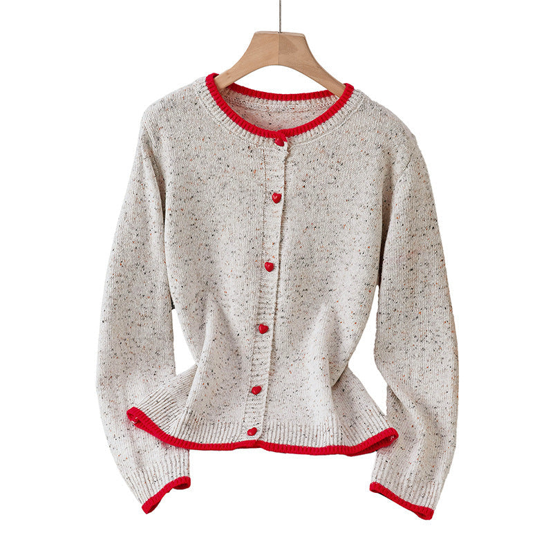 Women's Speckled Cardigan with Contrast Edges and Heart Buttons Chichicherry