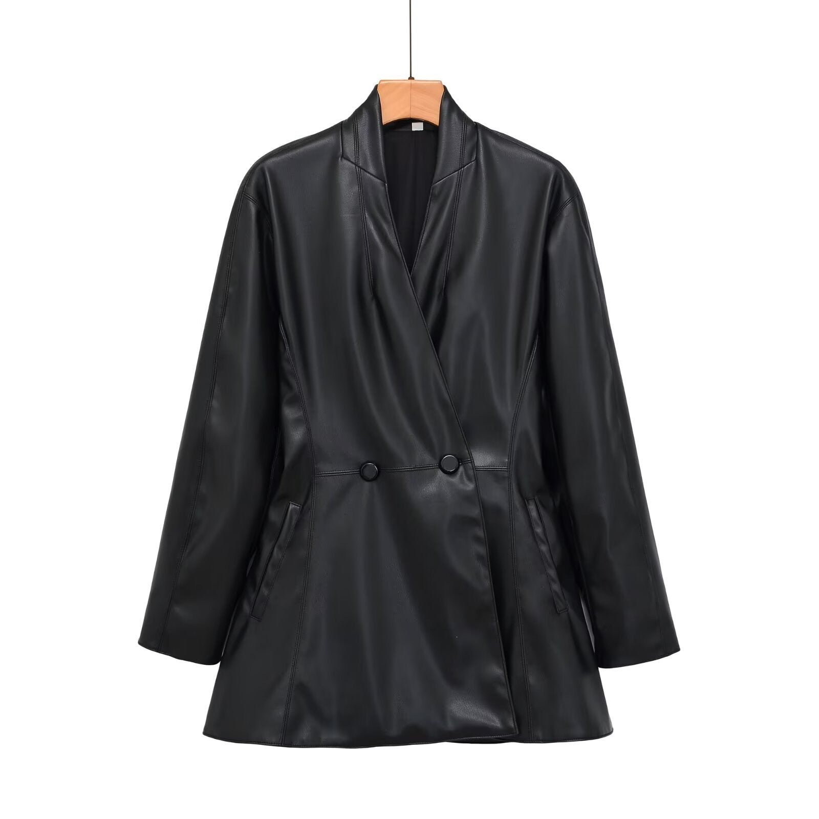 Women's tailored double-breasted faux leather midi coat with shawl collar and patch pockets Chichicherry