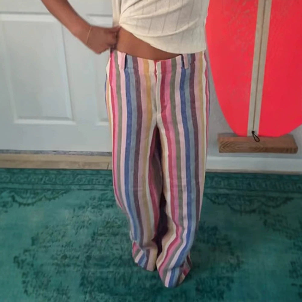 Women’s linen pants with wide leg, high waist & colorful striped pattern Chichicherry