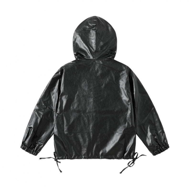 [Unisex Hooded Boxy Jacket in Leather Look with Drawstring and Flap Pockets Chichicherry]