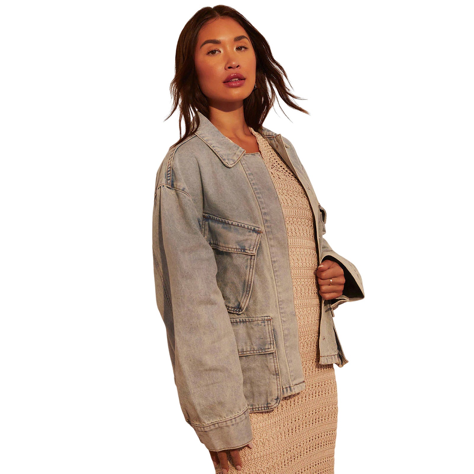 Women Oversize Utility Denim Jacket with Large Flap Pockets and Button-Down Front Chichicherry