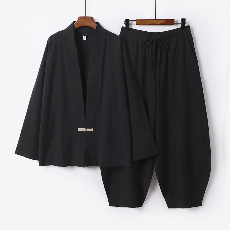 Men's Kimono Loungewear Set with Short Shawl Collar and Loose Harem Waist Pants Chichicherry