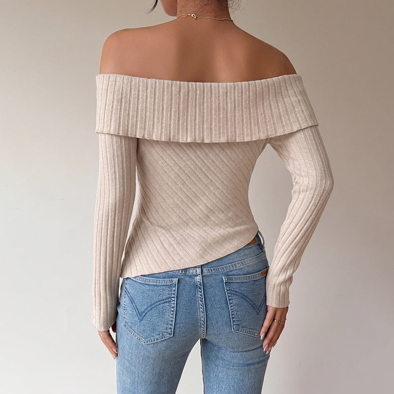 Women's Figure-Hugging Off-Shoulder Ribbed Knit Top with Knot Front and Asymmetrical Hem Chichicherry