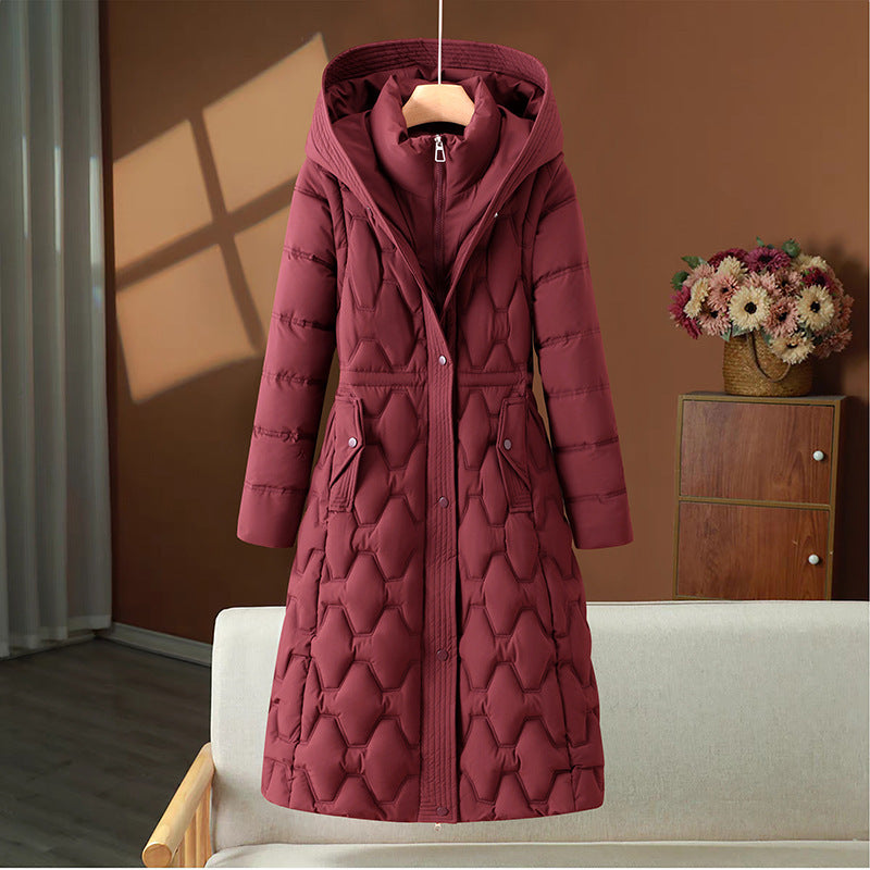 Women's longer quilted coat with hood, tailored A-line and decorative honeycomb quilting Chichicherry