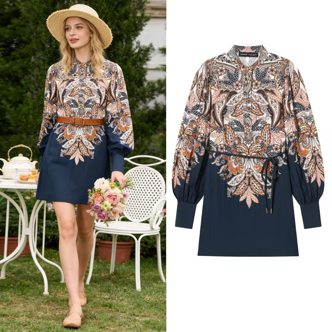 Women's Patterned Tunic Dress with Ties, Stand Collar and Balloon Sleeves Chichicherry