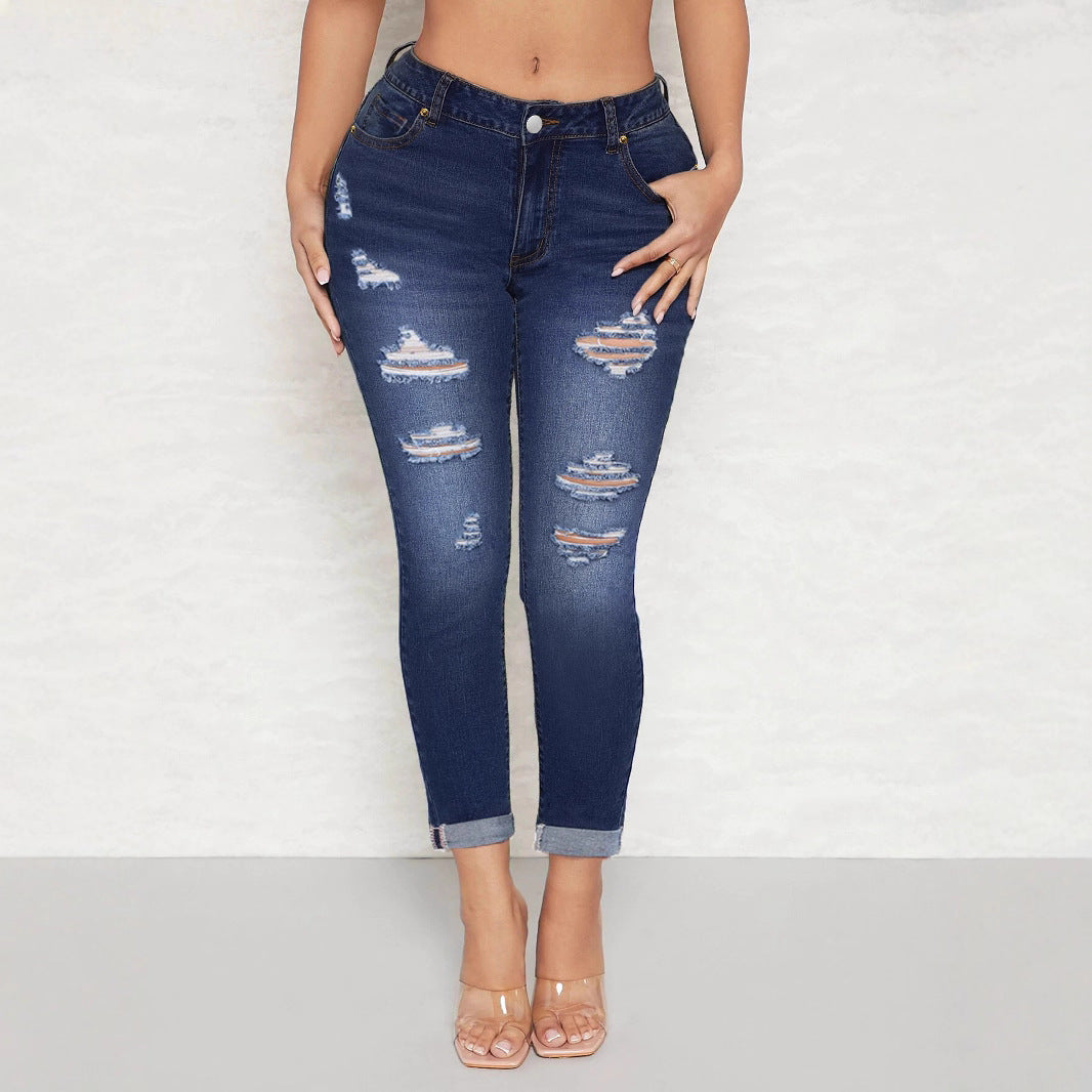 Women's High-Waisted Skinny Jeans with Destroyed Inserts and Cuffed Hem Chichicherry