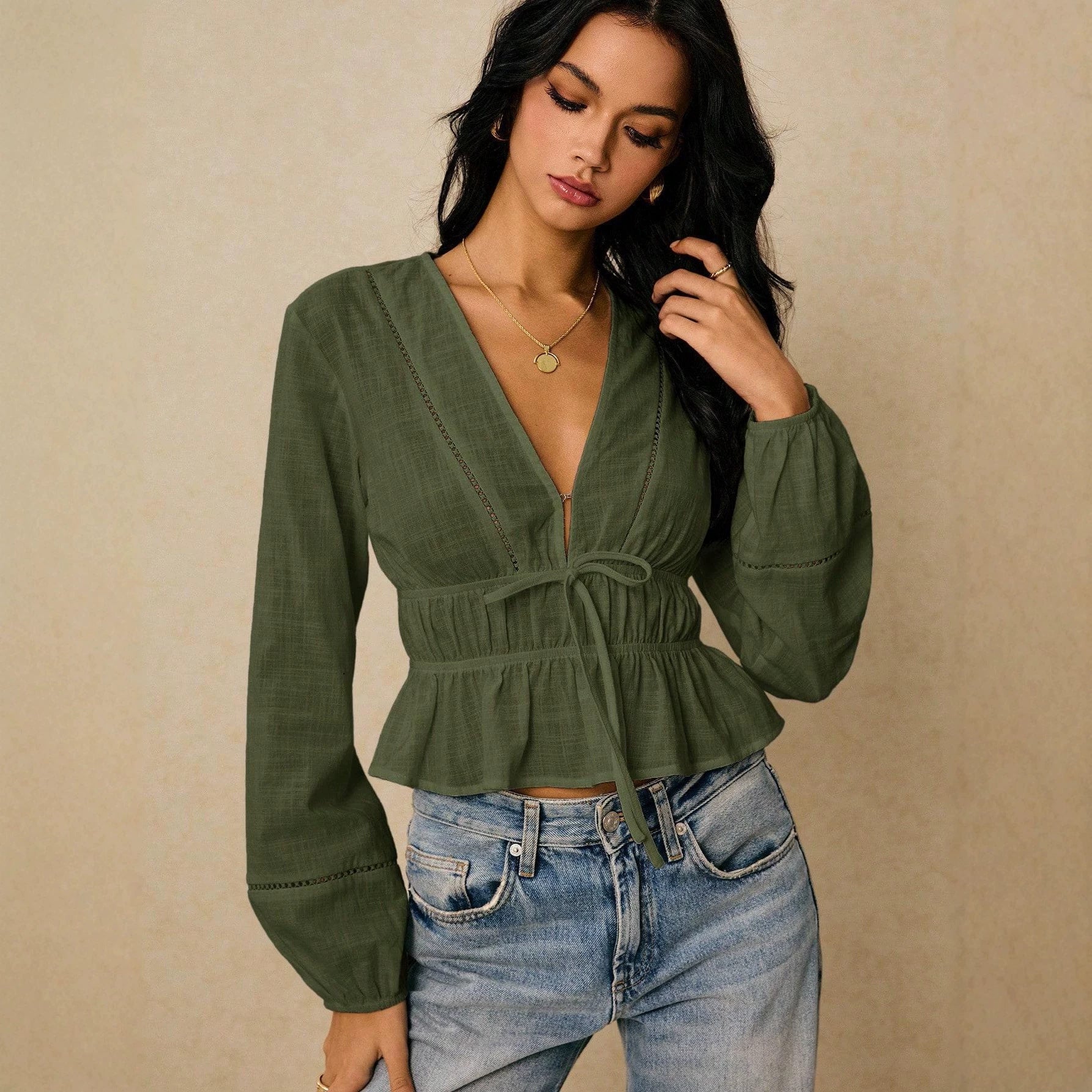 Women Deep Cut Blouse with Drawstring Waist, Ruffled Hem and Decorative Hole Embroidery Chichicherry