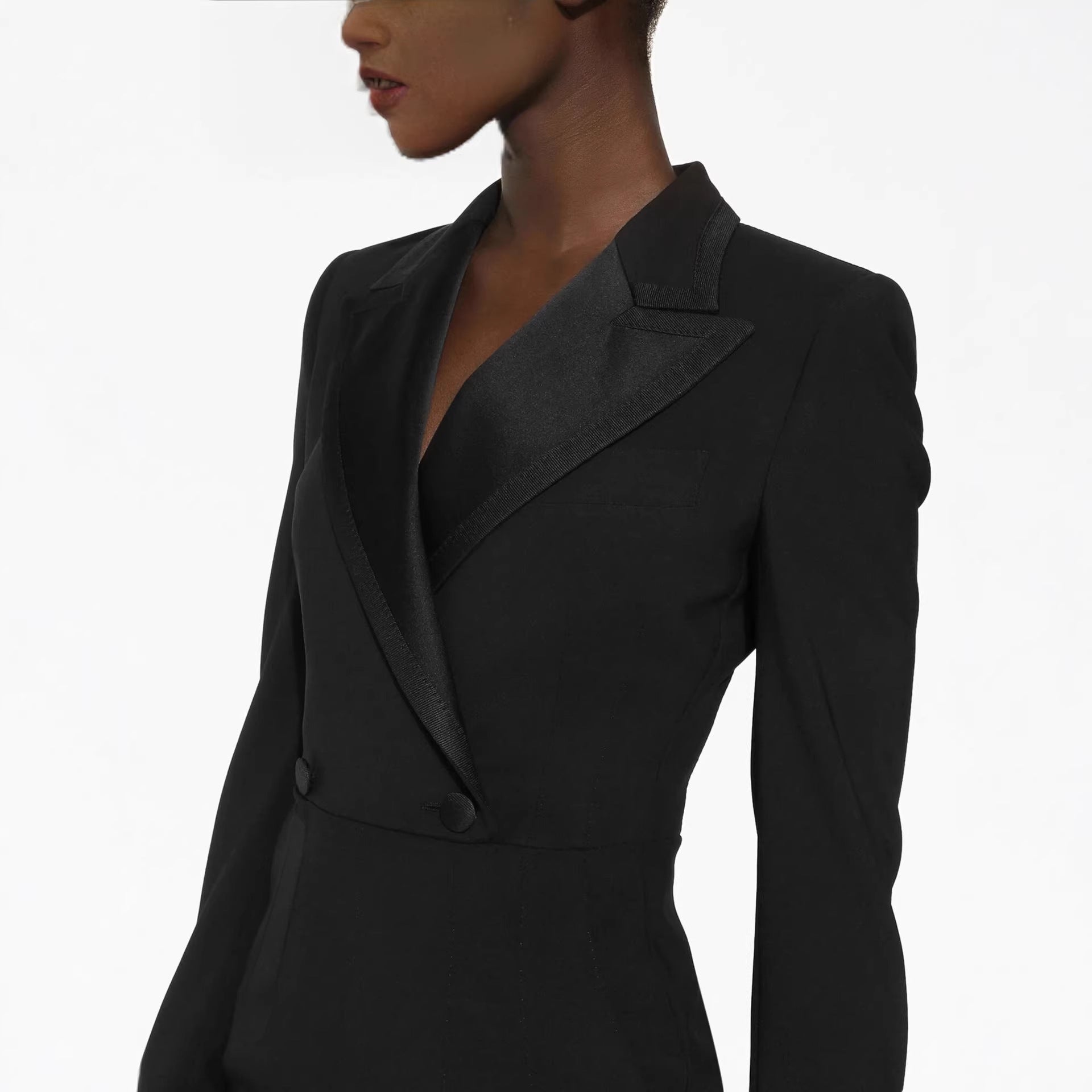 Women's Tailored Blazer Dress in Long Cut with Satin Lapels and Front Slit Chichicherry