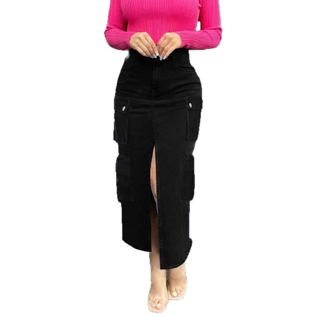 Women high waist cargo denim midi skirt with front slit and flap pockets Chichicherry