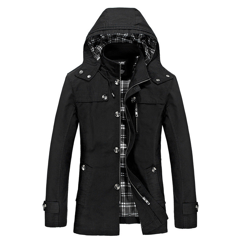 Men's Hooded Canvas Parka with Checked Lining, Wind-Resistant Linen Look and Multifunctional Pockets Chichicherry