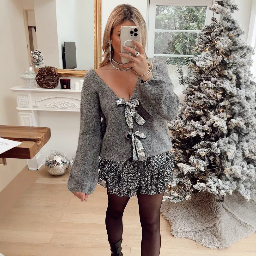 Women's Oversized Knit Cardigan with V-neck and Sequin Bows Chichicherry
