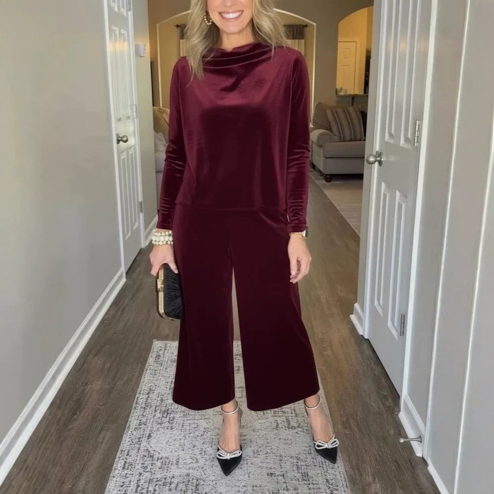 Women's Elegant Velvet Two-Piece with Waterfall Collar and Wide Culotte Pants Chichicherry