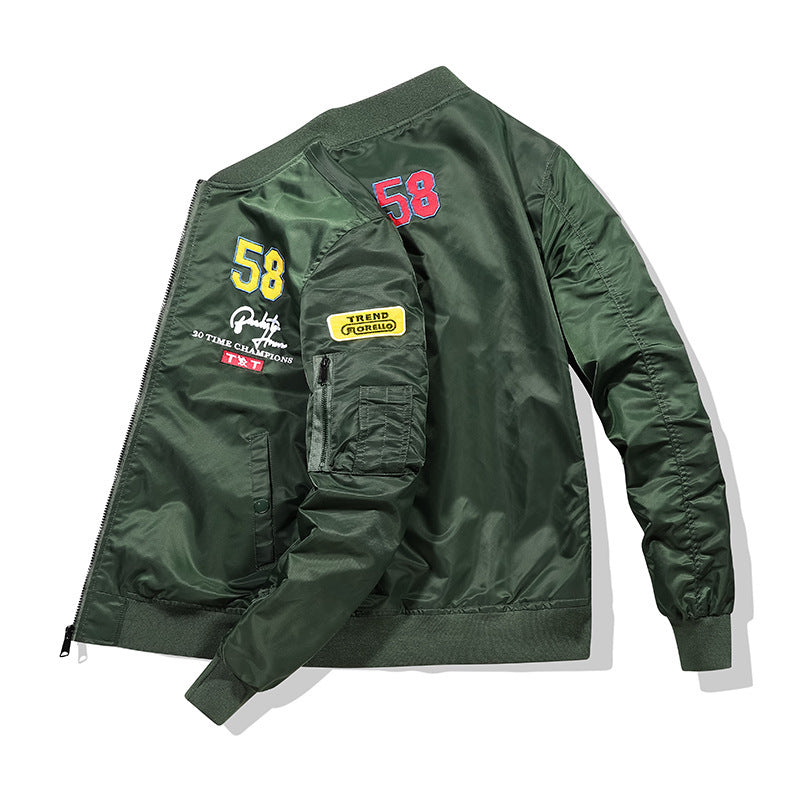 Men's utility bomber jacket in pilot style with sleeve pockets and embroidered patches Chichicherry