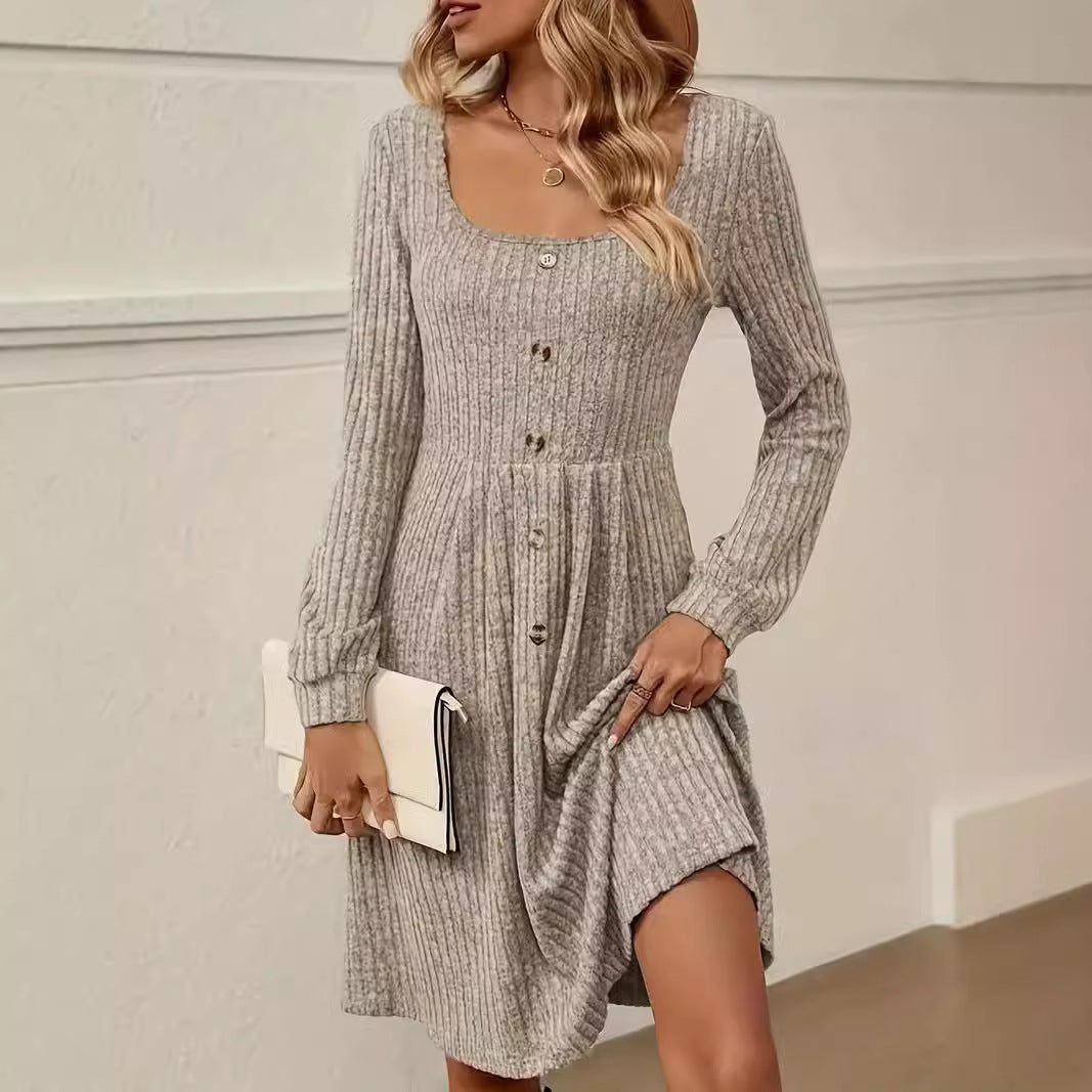 Women Tailored Ribbed Knit Midi Dress with Boat Neck and Decorative Button Placket Chichicherry
