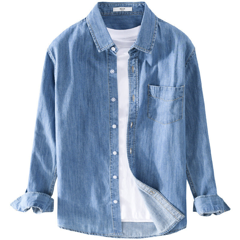 Men Washed Denim Overshirt with Flap Pocket, Relaxed Fit and Soft Touch Chichicherry