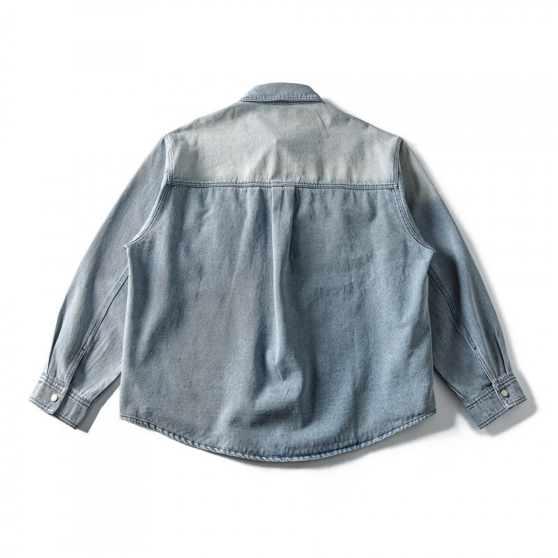 Unisex Oversize Denim Shirt Jacket in Vintage Wash with Chest Flap Pockets and Rounded Hem Chichicherry