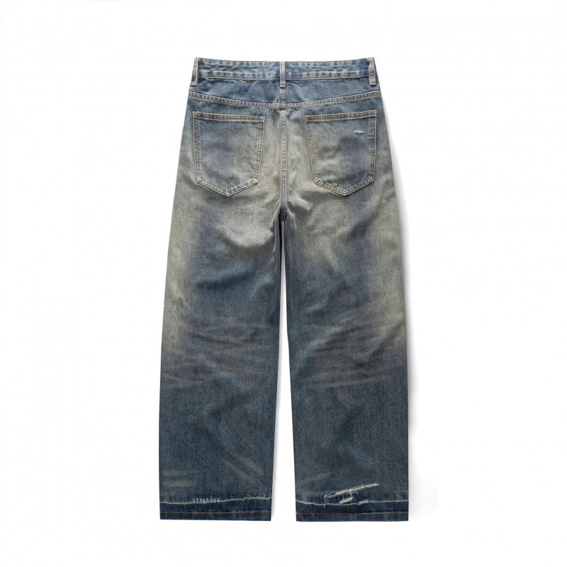 Men's Wide Vintage Denim Jeans with Used Wash and Distressed Details Chichicherry