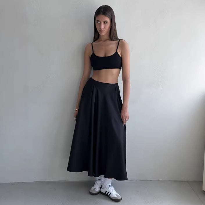 Damen Fließender Satin-Midirock mit hohem Bund und Tellerfalten Chichicherry