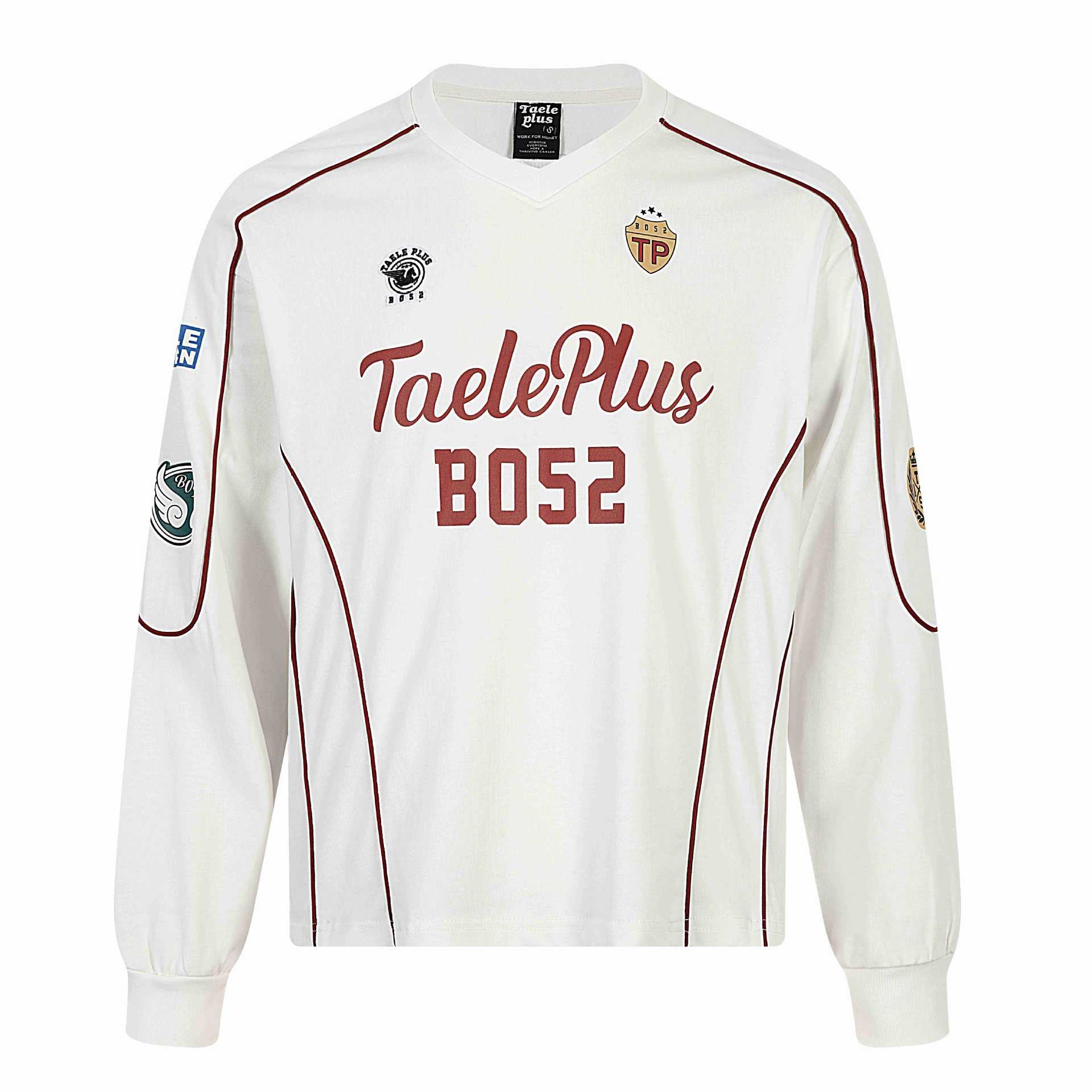 Men's retro-inspired long sleeve football jersey with V-neck and contrast piping Chichicherry