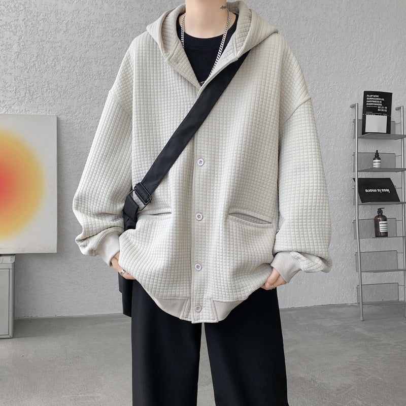 Men's Oversized Quilted Hooded Jacket with Waffle Texture, Button Placket and Side Pockets Chichicherry