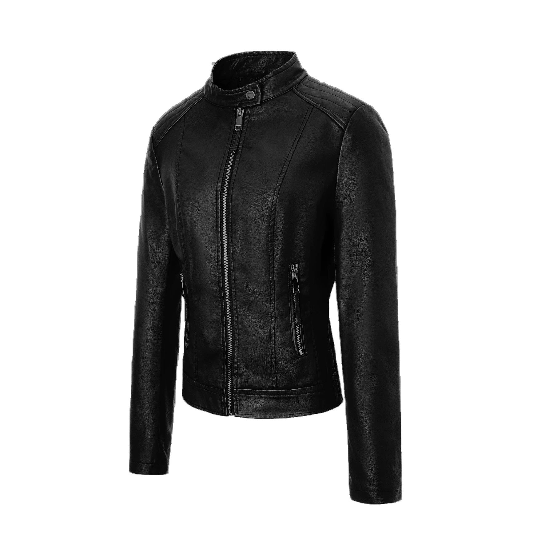 Women's Slim-Fit Biker Leather Jacket with Stand Collar Chichicherry