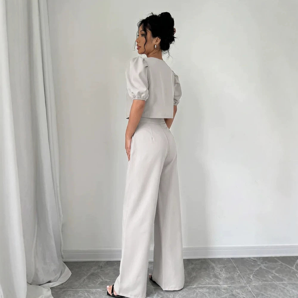 Women Two-Piece Tailoring Set with Short Jacket, Puff Sleeves and High-Cut Wide Pants Chichicherry