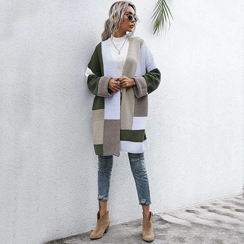 Women's Oversized Knit Cardigan with Colorblock Patchwork and Open Front Chichicherry