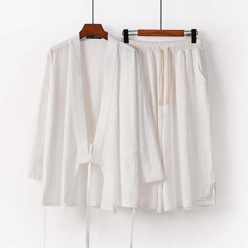 Women's Zen-Kimono-Lounge-Set made of breathable cotton blend with tie waist jacket and wide culotte pants Chichicherry