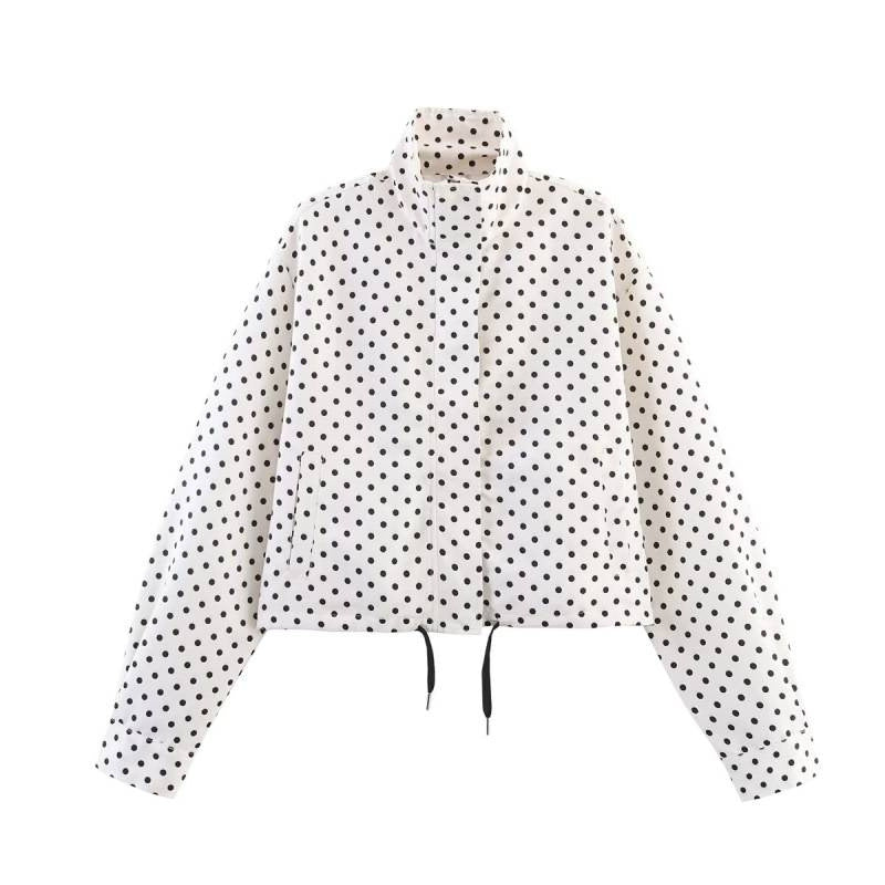Women's Cropped Quilted Jacket with Polka Dot Print, Stand Collar and Drawstring Chichicherry