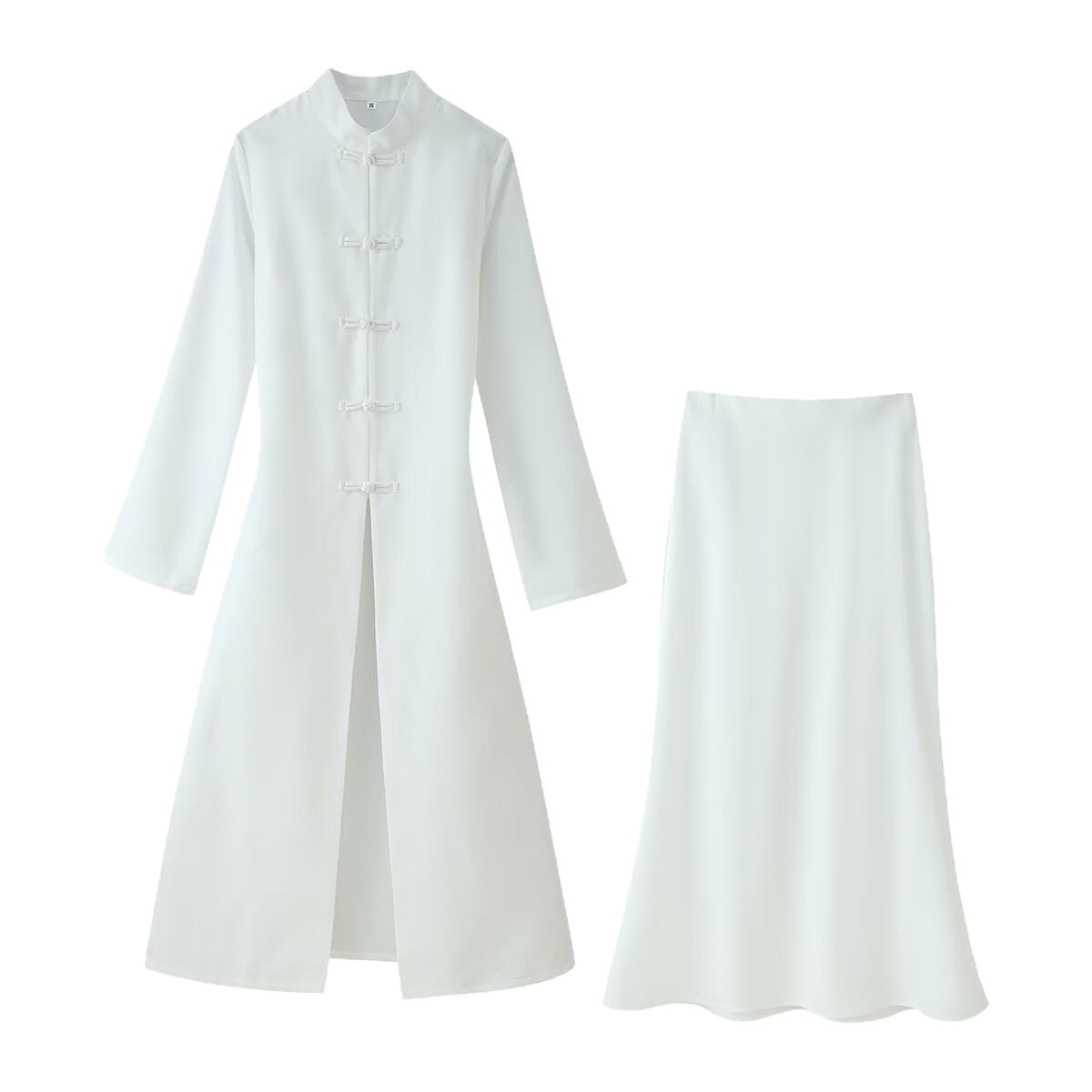 Women's Two-Piece Set: Long Coat with Mandarin Collar and A-Line Maxi Skirt Chichicherry