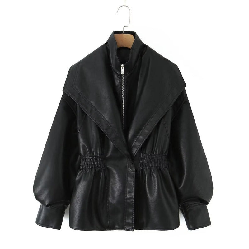 Women's Faux Leather Jacket with Wide Shawl Collar and Gathered Waistband Chichicherry