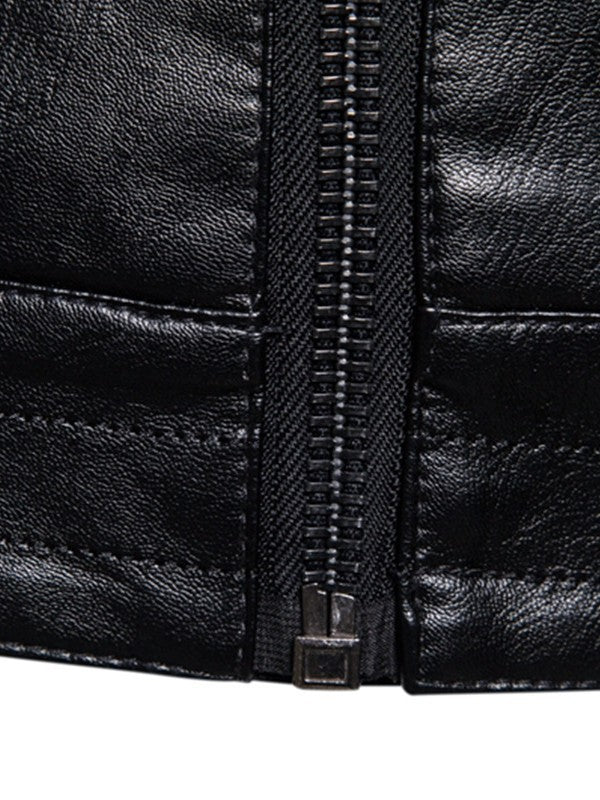 Men's Slim-Fit Biker Jacket in Leather Look with Asymmetrical Zipper and Notched Collar Chichicherry
