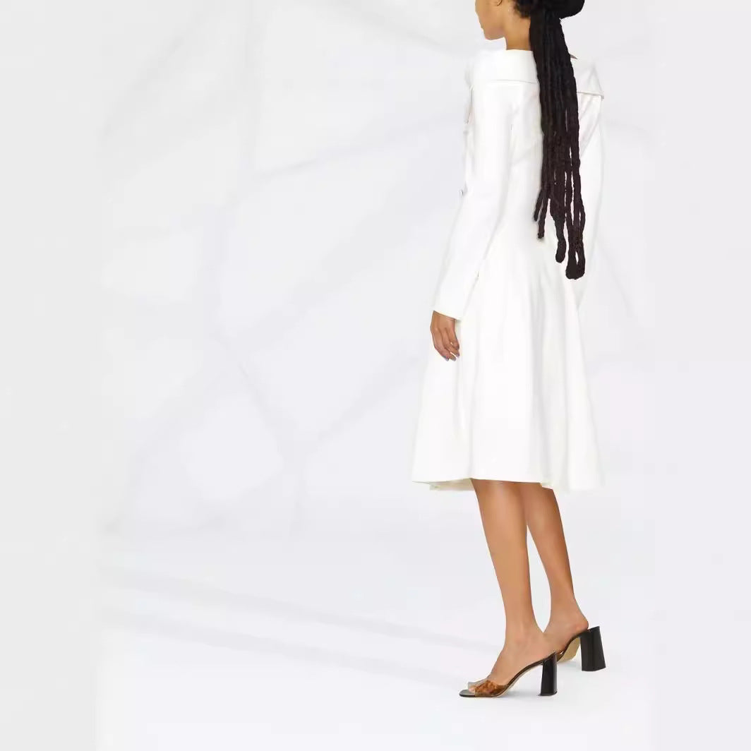 Women's maxi dress in coat look with off-the-shoulder collar and double row Chichicherry