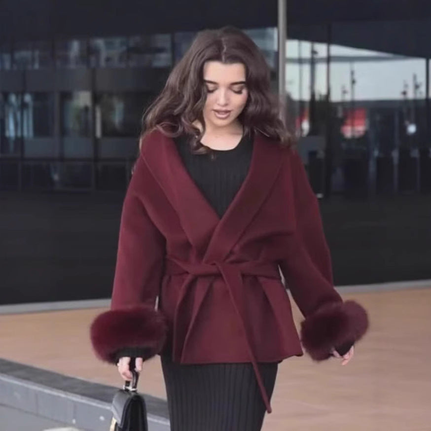 Women’s Wrap Coat with Tie Belt and Fur Trim on the Sleeves Chichicherry