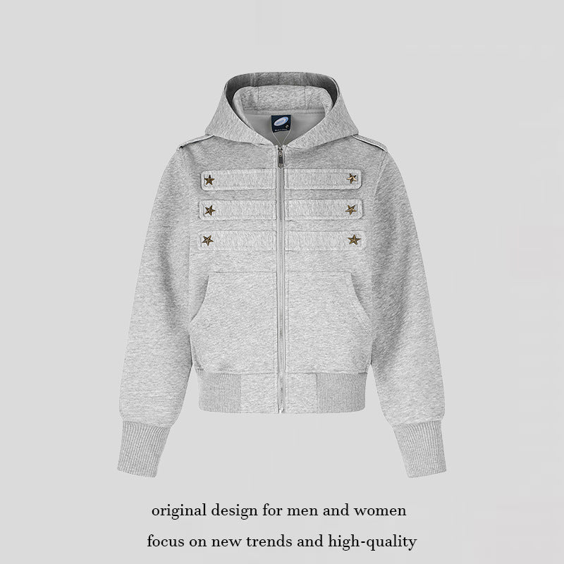 Women's cropped hooded sweatshirt jacket in military camo with decorative star strap details Chichicherry