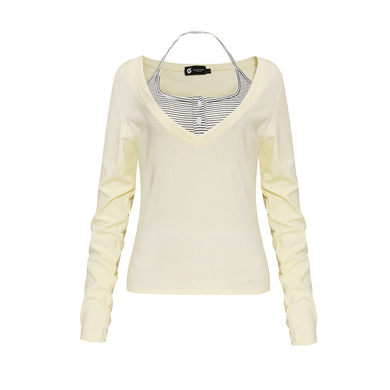 Women's long sleeve shirt with double layer effect, deep V-neck and striped insert Chichicherry