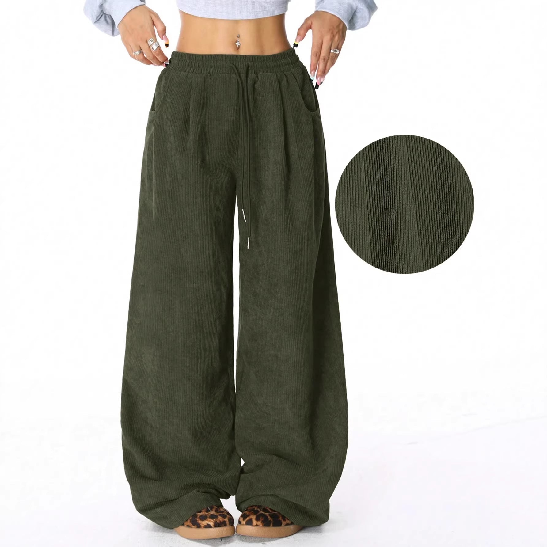 Women's Loose Cord Pants with Elastic Waistband, Drawstring, and Side Pockets Chichicherry