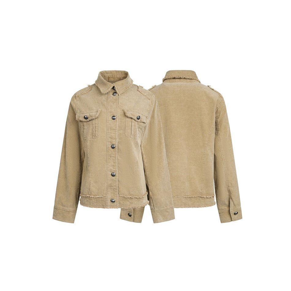 Women's short cord jacket with fringing, shirt collar and flap pockets Chichicherry