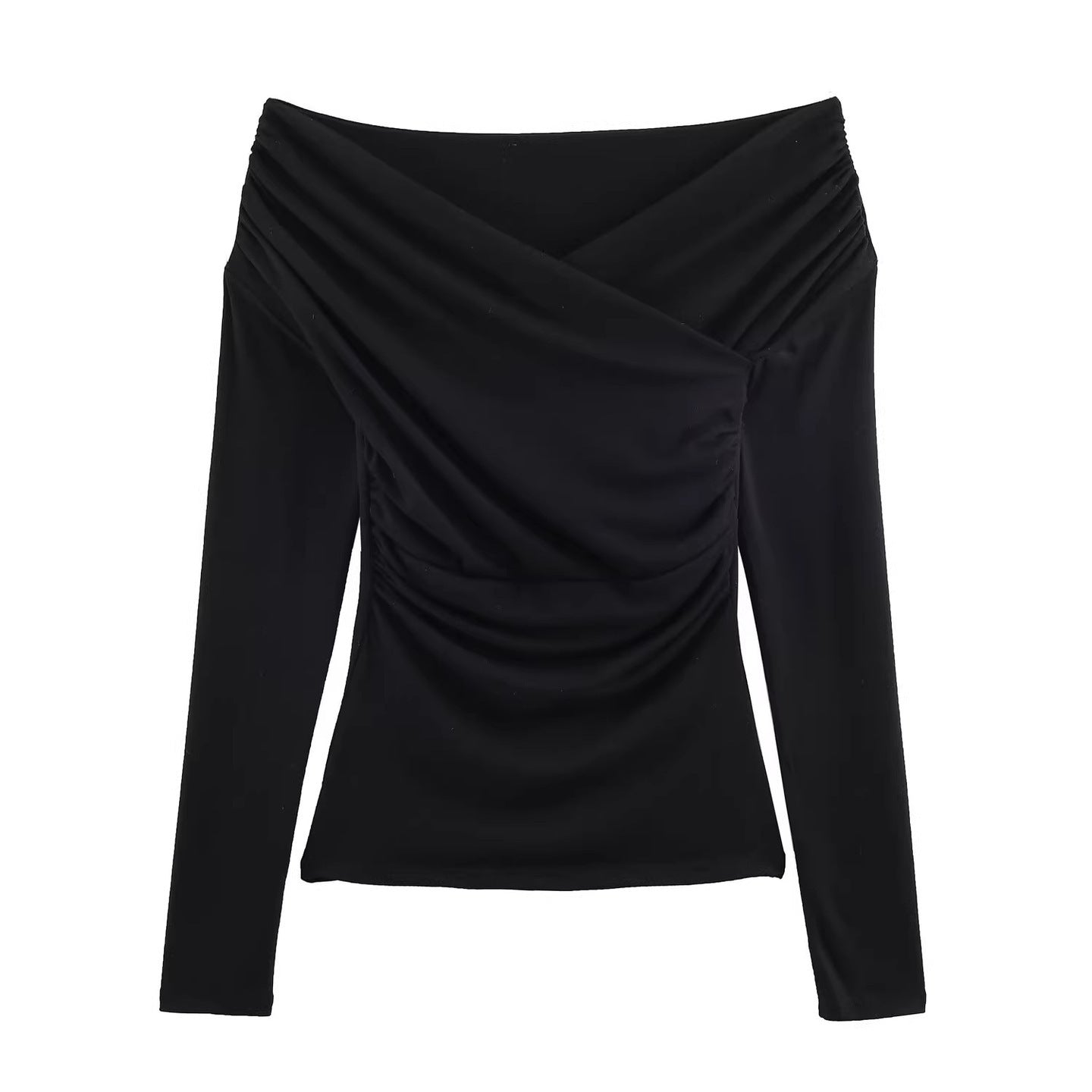 Women Off-Shoulder Gathered Long Sleeve Top with Wrap Draping Chichicherry
