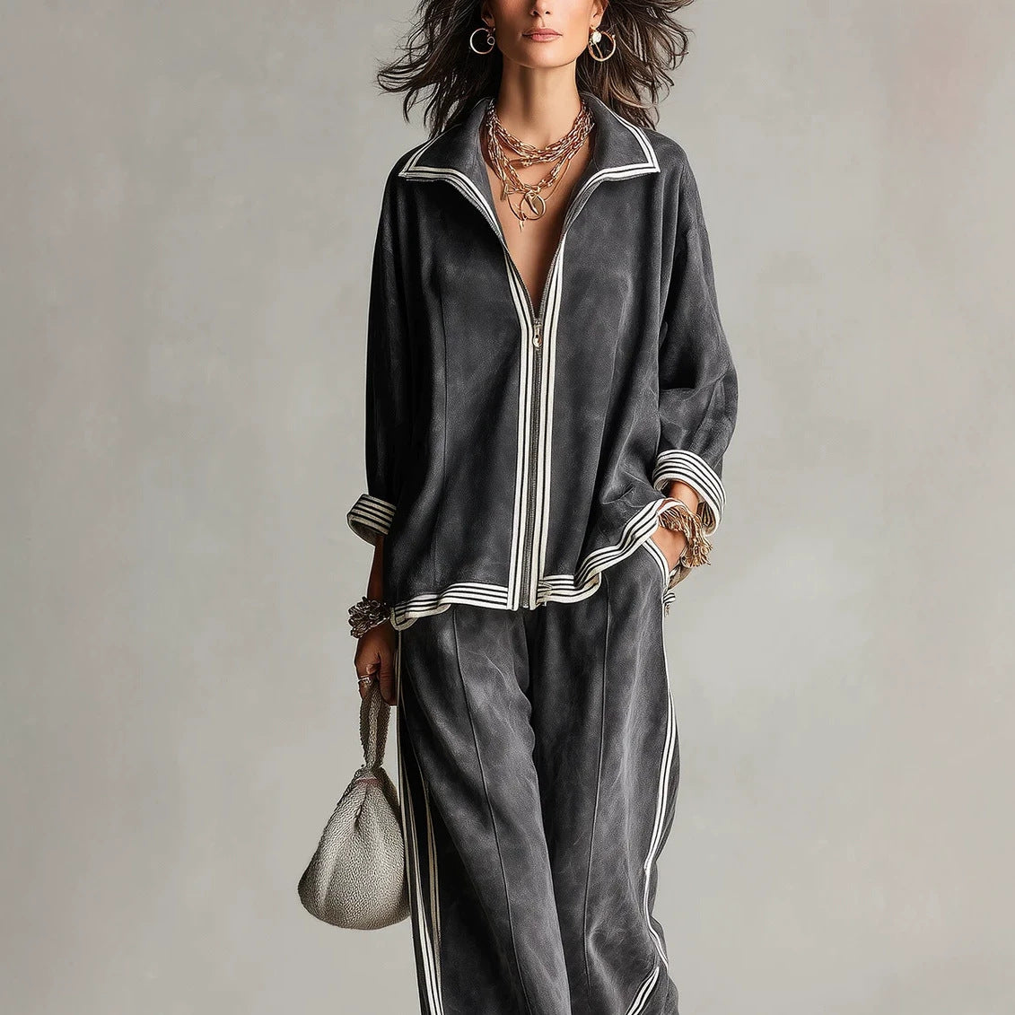 Women's Casual Velvet Tracksuit Set with Zip and Contrast Stripes Chichicherry