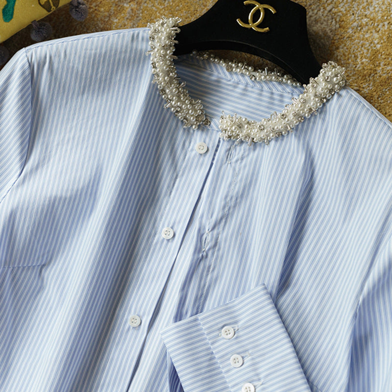 Women Elegant Long Sleeve Blouse with Pearl Decoration Drune