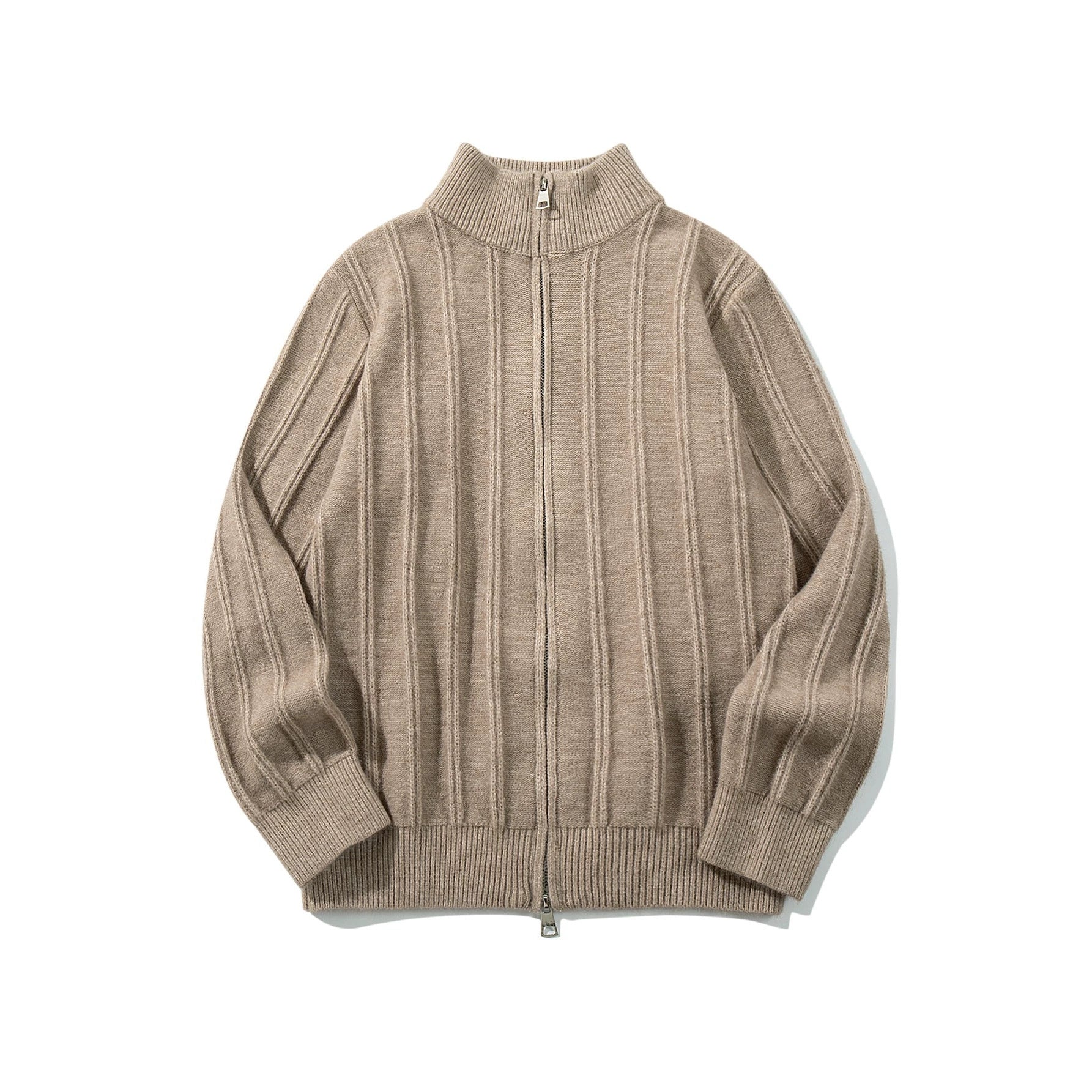 Unisex Gathered Knit Zip Jacket with High Stand-up Collar and Vertical Structure Chichicherry