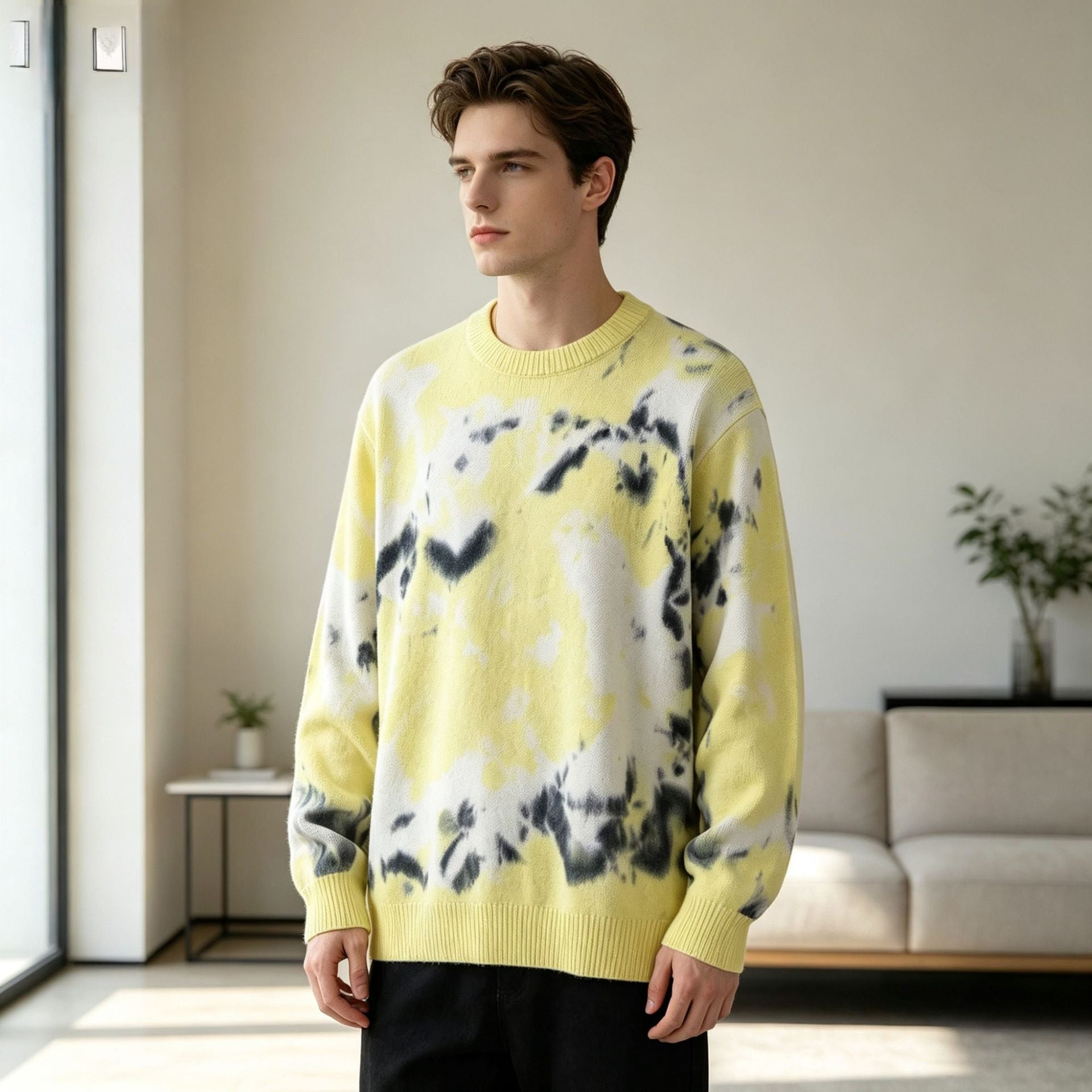 Herren Oversized Batik-Pullover mit Rundhalsausschnitt und Rippbündchen Chichicherry