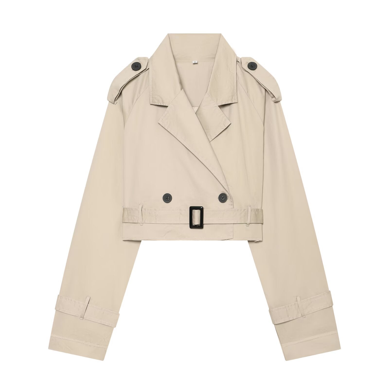 Women's short blouson trench coat with double-breasted button placket, shoulder epaulets, and waist belt Chichicherry