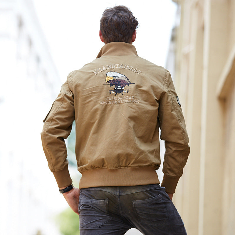 Men's short-cut bomber jacket made of canvas with emblem patches and arm pocket Chichicherry