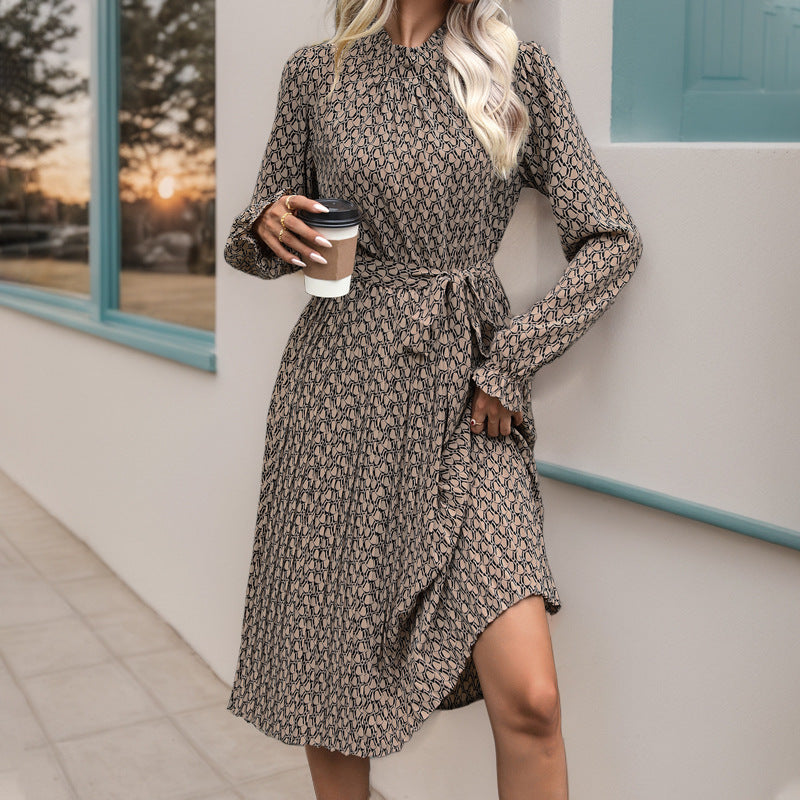 Ladies midi dress with stand collar, tie belt and asymmetric hem Chichicherry