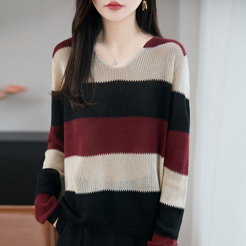 Women Light V-Neck Fine Knit Sweater with Wide Block Stripes and Relaxed Fit Chichicherry