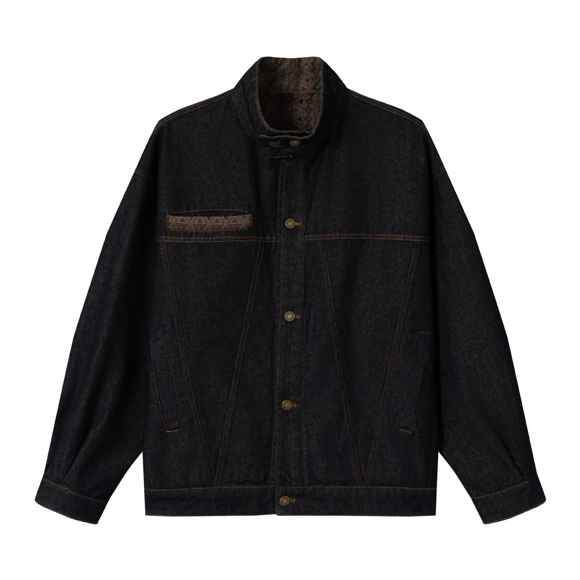 Unisex Oversized Denim Jacket with Funnel Neck and Decorative Chest Flap Chichicherry